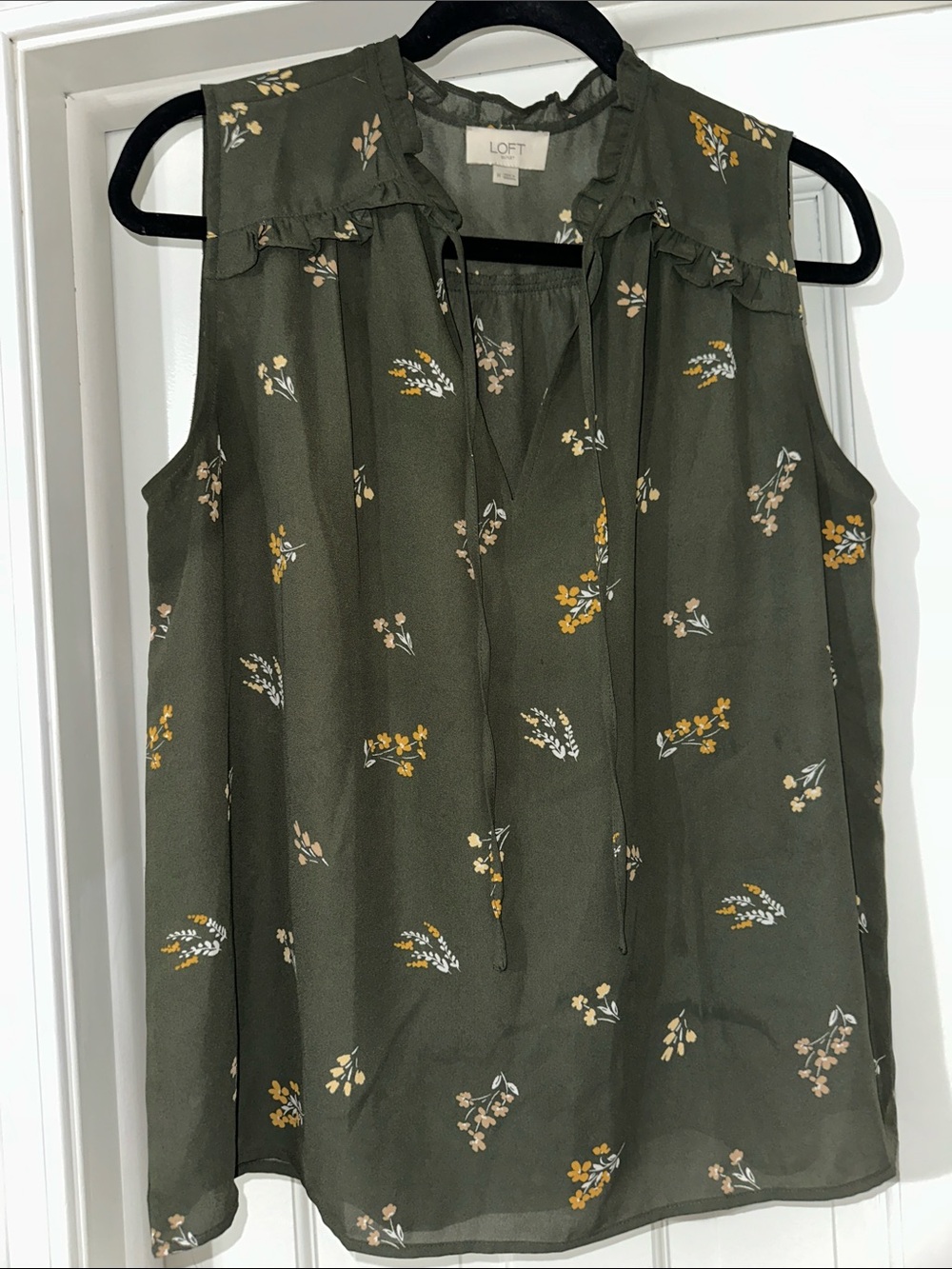 LOFT Olive Floral Ruffle Tie Sleeveless Top